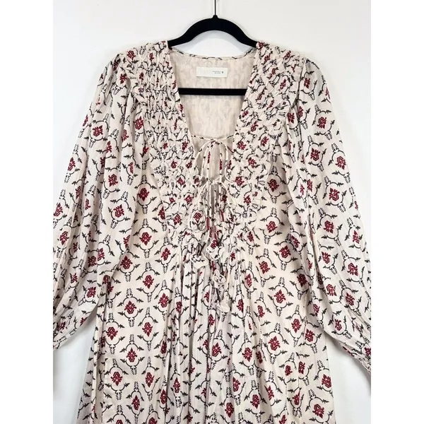 ZARA Mini Dress Beige Floral Puff Sleeve V Neck Lace Up Ruffle A Line Boho XS - Image 8