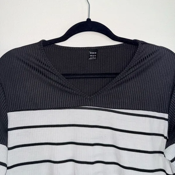 Shein Striped Top White Black Contrast Ribbed Fitted Long Sleeve - Image 3