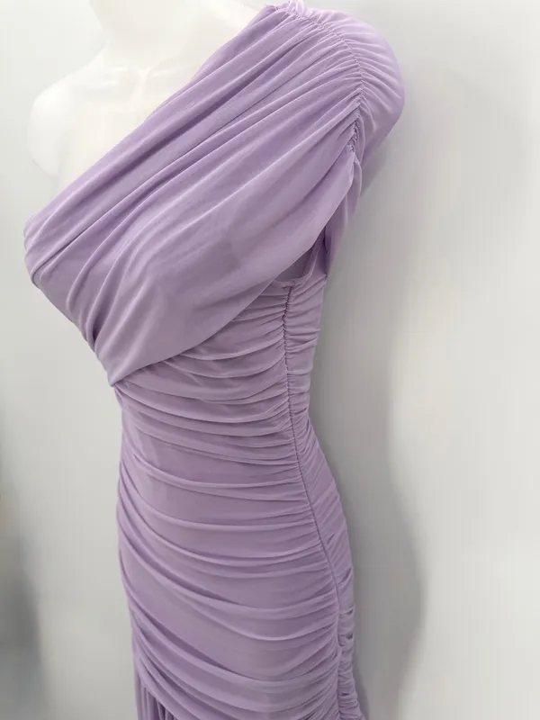 Formal Bodycon Dress Women’s S Purple Ruched Mesh 1 Shoulder Maxi-LAGSHIAN Brand - Image 3