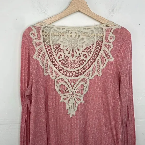 Rewind Boho Pink Crochet Detail Ribbed Long Sleeve top XL cottagecore - Image 6