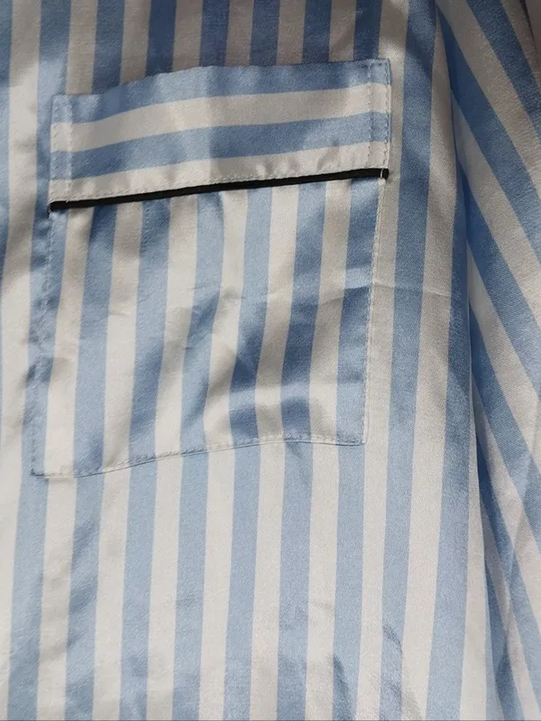 Ekouaer Striped Blue & White Satin Preppy Button-Up Pajama Set - Image 3
