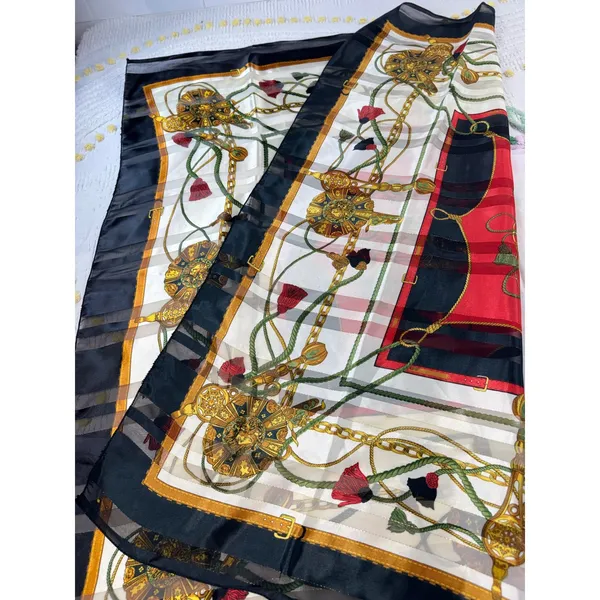 Vintage Equestrian Chain Print Square Scarf Red Black Gold‎ Tassel Sheer Stripe - Image 6