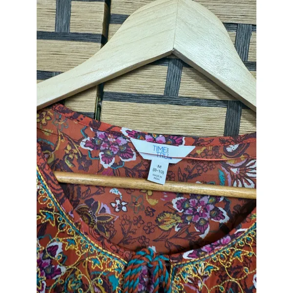 Time And Tru Orange‎ Embroidered Boho Tie Neck Shift Dress Size Medium - Image 6
