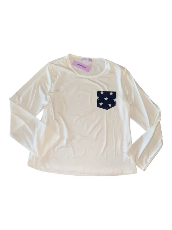 Women’s White Long Sleeve Pajama Top with Navy Star Pocket & Navy Star Pants - Image 2
