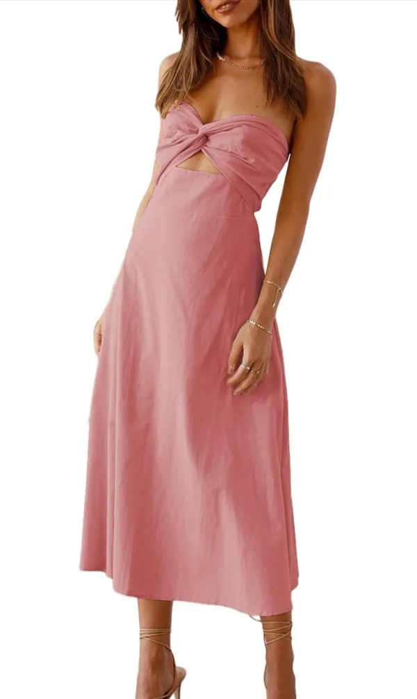 Pink Strapless Midi Dress with Cutout - Image 3
