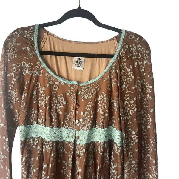 ivu jane Y2k Women's SIze Large Brown Babydoll Lace Floral Hippie‎ Retro Blouse - Image 2