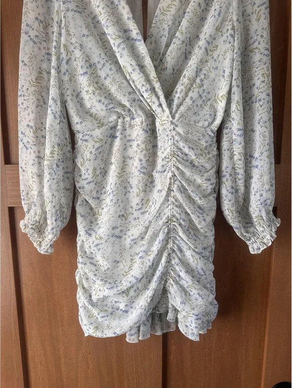 MABLE Ruffle Ivory / Blue Floral Puff Sleeve Rouched Mini Dress Women’s Small - Image 3