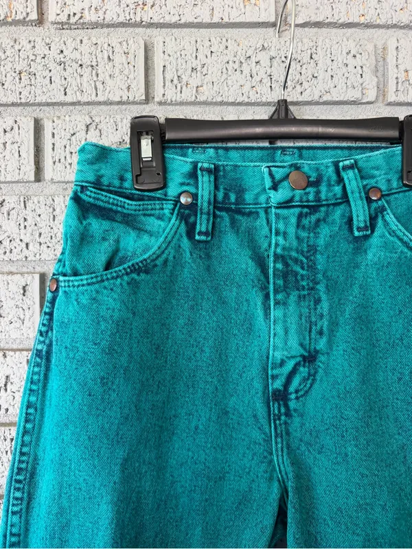 VTG 90s Wrangler Wedgie High Rise Cowgirl Jeans 14MWZ Teal Green Acid Wash 5x32 - Image 3
