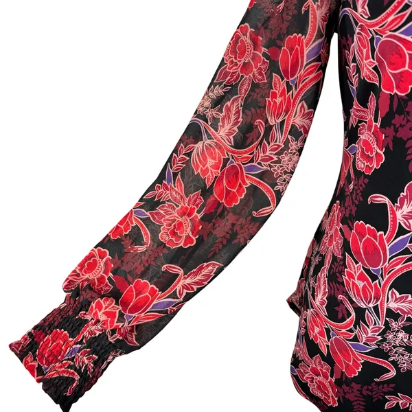 WHBM Small Tunic Top Floral Lined Long Balloon Sleeve Stretch Keyhole Smocked - Image 4