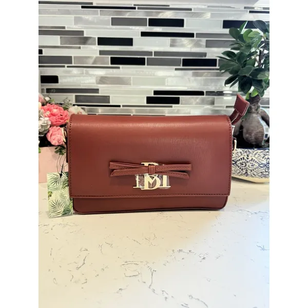 Badgley Mischka Bag Leather Crossbody Brown with Bow and Logo Detail - Image 2