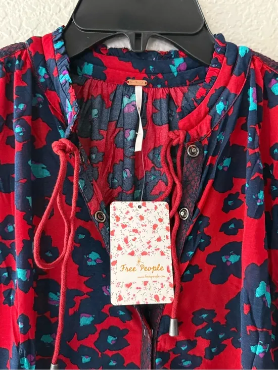 NEW Free People Red Floral Bohemian Keyhole Long Sleeve Mini Dress LRG Tunic - Image 8