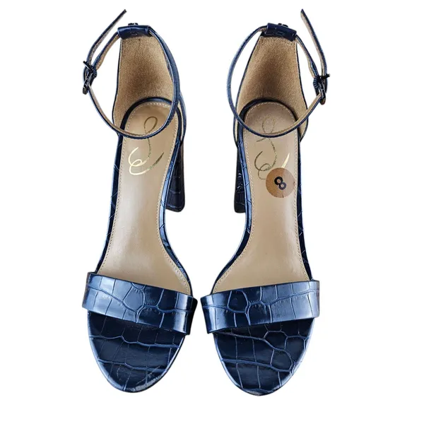 Sam Edelman Yaro Navy Crocodile Heels Open Toe Block Sandals Womens Size 8 - Image 2