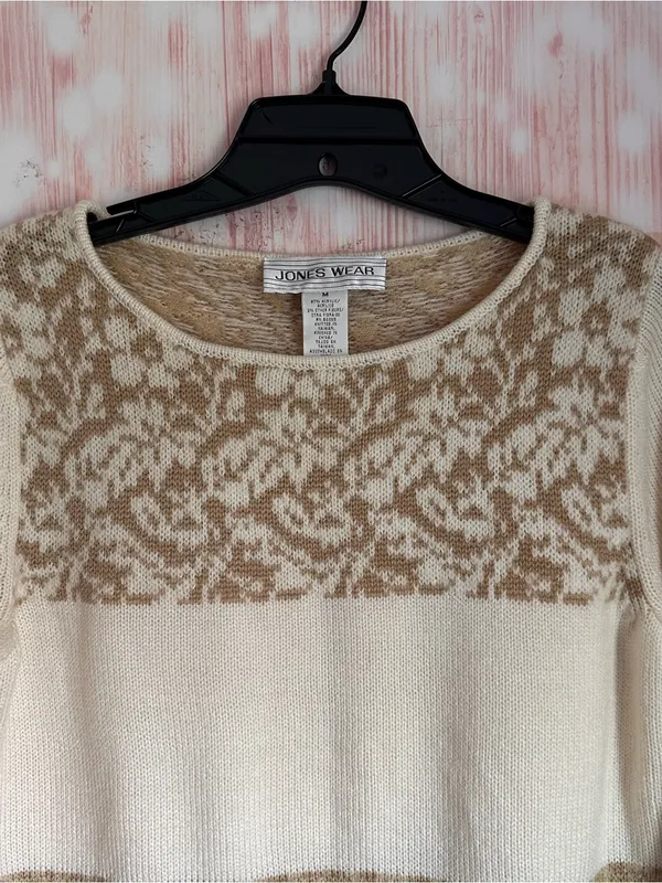 Vintage Jones Wear Cream Crewneck Tan Floral Print Striped Sweater Size M - Image 2