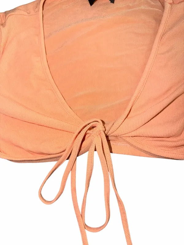 White Fox Boutique “My Mind’s Set” Ribbed Tie-Front Crop Top – Peach / Apricot - Image 3