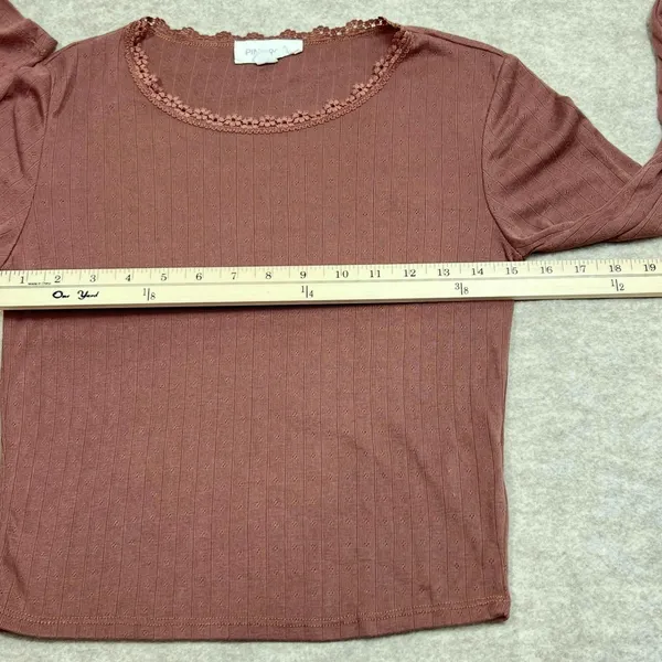 Pink Rose Womens Mauve Pointelle Knit Long Sleeve Lace Trim Top Sz M Coquette‎ - Image 6