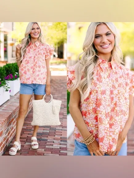 Fate smocked cotton floral blouse top ditsy short sleeve button down collar mock - Image 4