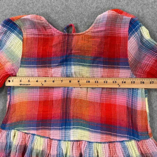 Zara Plaid Tie Back Peplum Shirt Womens Small Red Short Sleeve Ruffle Round Neck - Image 7