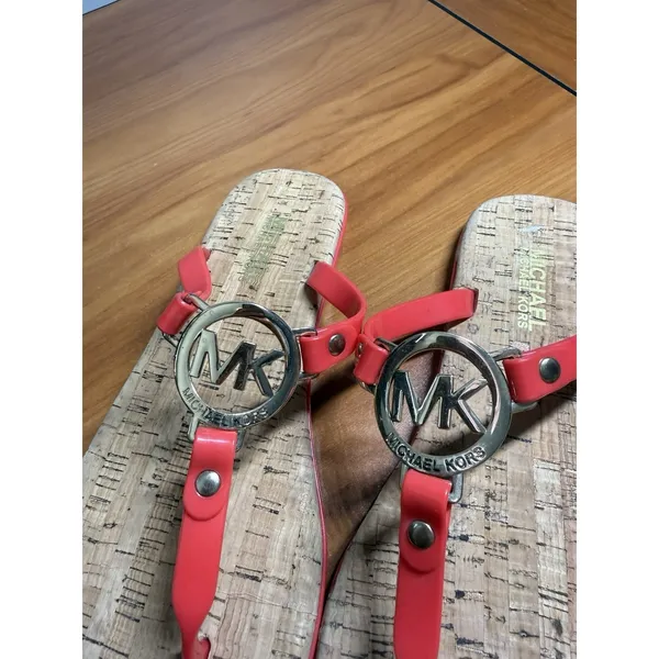Women's Michael Kors Red Charm Jelly PVC Logo Flip Flop Sandals Cork 7B - Image 2