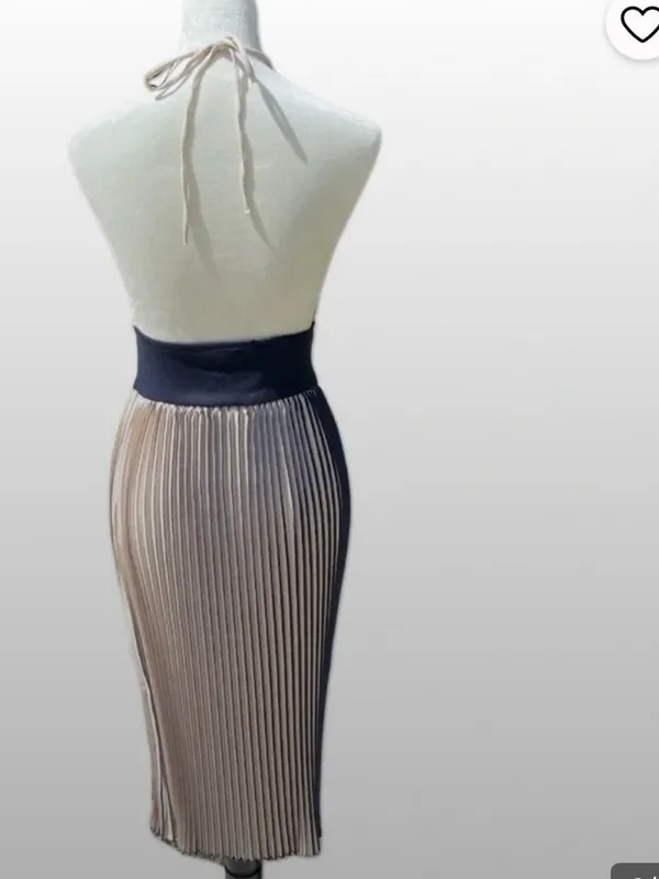 Zara Beige Pleated Halter Midi Dress with Navy Waistband - Image 8