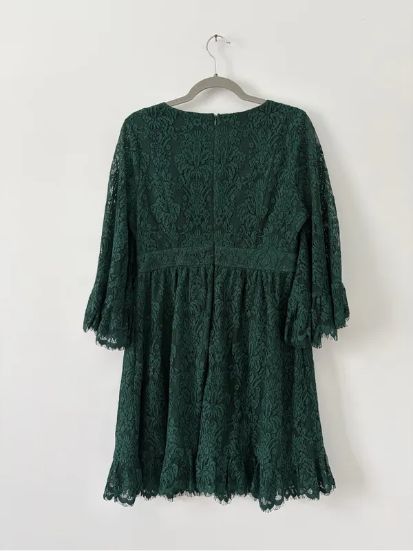 ModCloth Through the Bluebells Forest Green Lace 3/4 Bell Sleeve Mini Dress L - Image 6