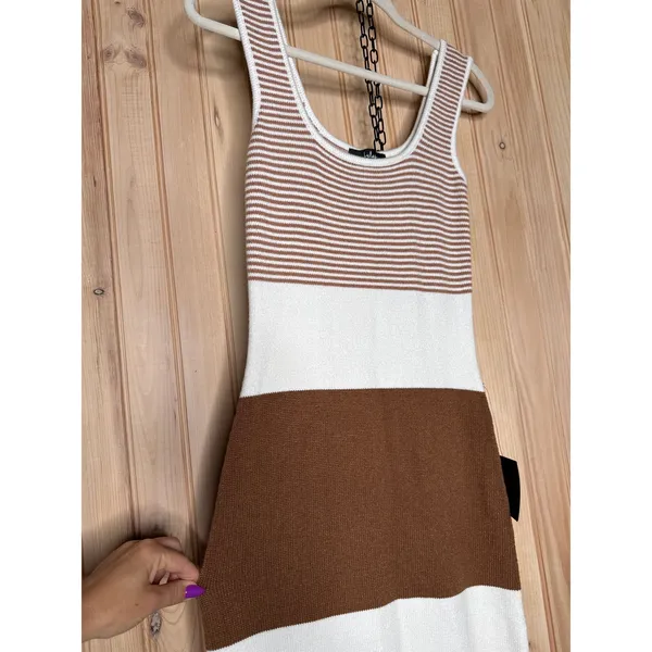 NWT Lulus Easily Gorgeous Ivory and Brown Striped Midi Sweater Dress Casual Sz S - Image 4