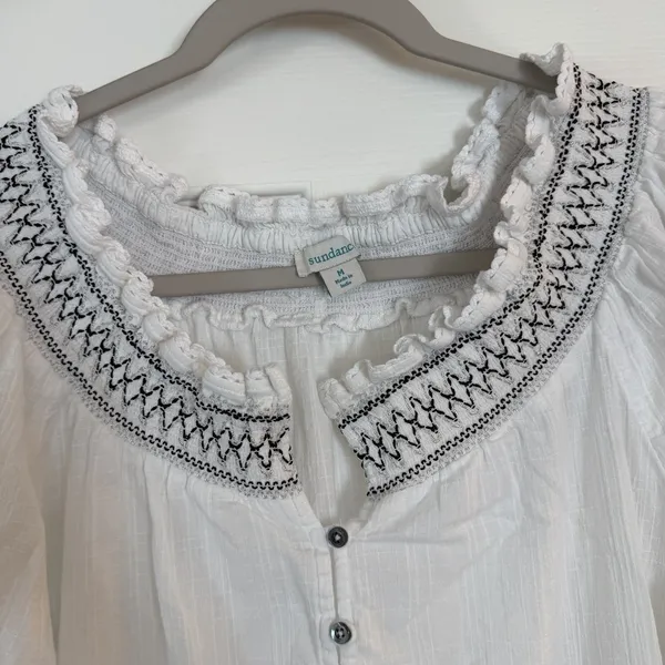 Sundance Gauze Peasant Top White 100%‎ Cotton Smocked Eyelet Boho Granola Girl M - Image 2
