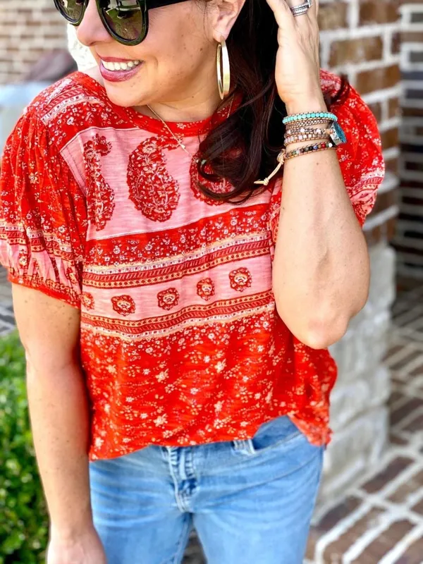 Free People Paisley Puff-Sleeve T-Shirt in Fruit Punch Combo - Image 7