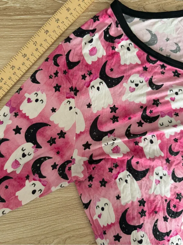 Birdie Bean‎ Large Ghost Print PJ Long Sleeve Henley Pink Black Bamboo Halloween - Image 4