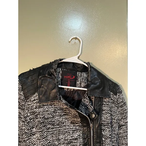 Yoki Outerwear Collection Womens Size Large Coat Jacket Black Gray Tweed Leather - Image 7