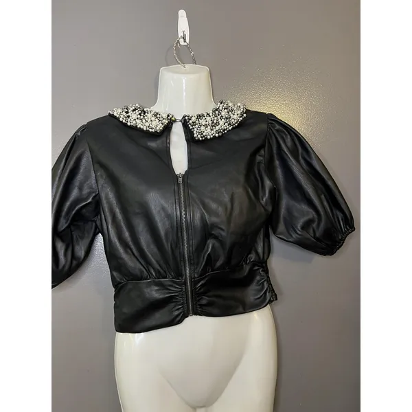Maeve Blouse Womens XS Black Faux Leather Pearl Beaded Collar Cropped Zip Top - Image 3