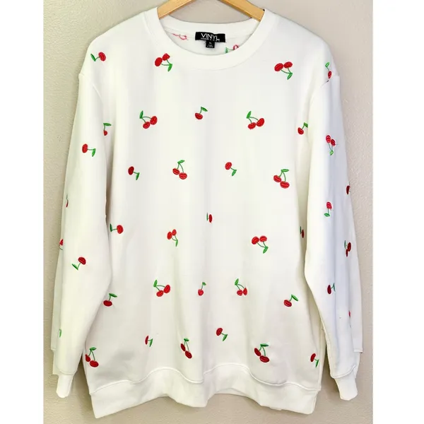 Vinyl Icons Cherry Embroidered White Crewneck Sweatshirt - Image 6