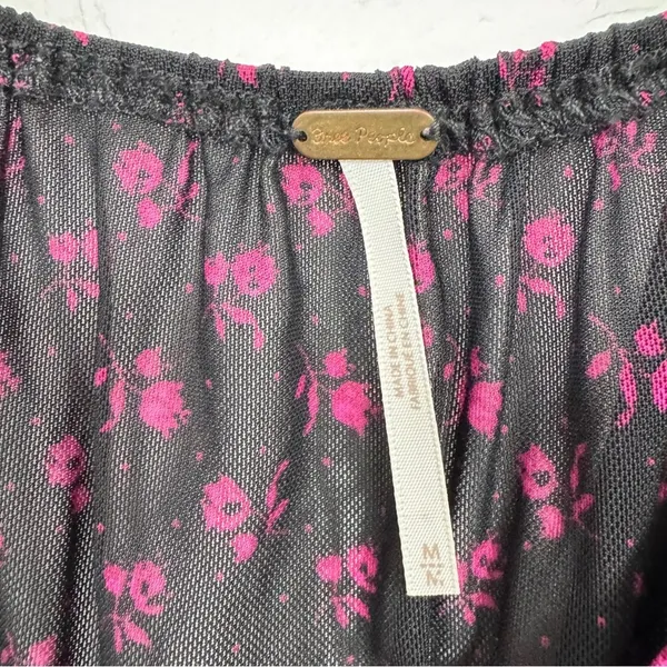 Free People Black Purple Floral Twist Front Blouse Womens M Boho Sheer Sleeve - Image 6