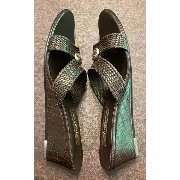 Brighton Denise Leather Wedge Sandal 10M Brown Black Woven Slides Resort Classic - Image 5
