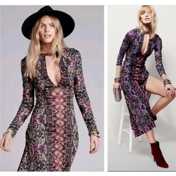 Free People Cabaret Long Sleeve Maxi Dress Medium Sunrise Combo Stretch - Image 14