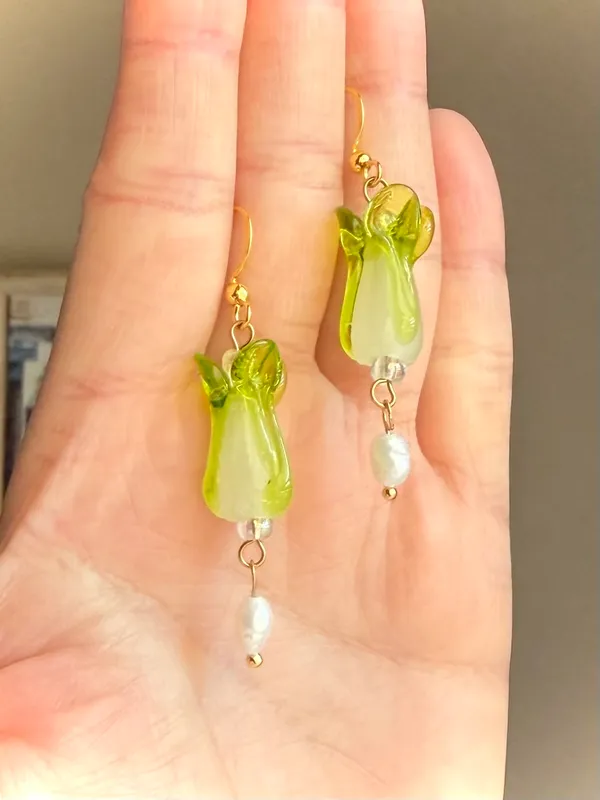 Handmade lamp work cabbage & freshwater funky boho fairy cute unique dangle earrings 🥬✨ - Image 4