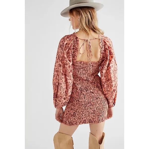Free People Smock It To Me Mini Dress Apricot Combo Small Boho Fall Cottagecore - Image 3