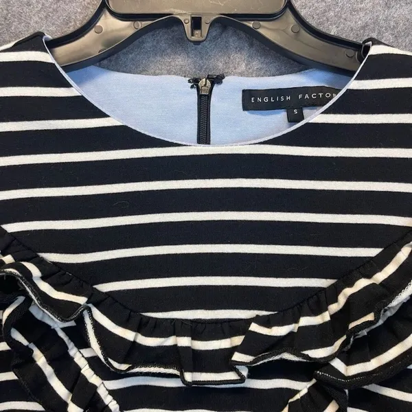 ENGLISH FACTORY Top Women's Small Black White Striped Ruffled‎ Trim Long Sleeve - Image 4