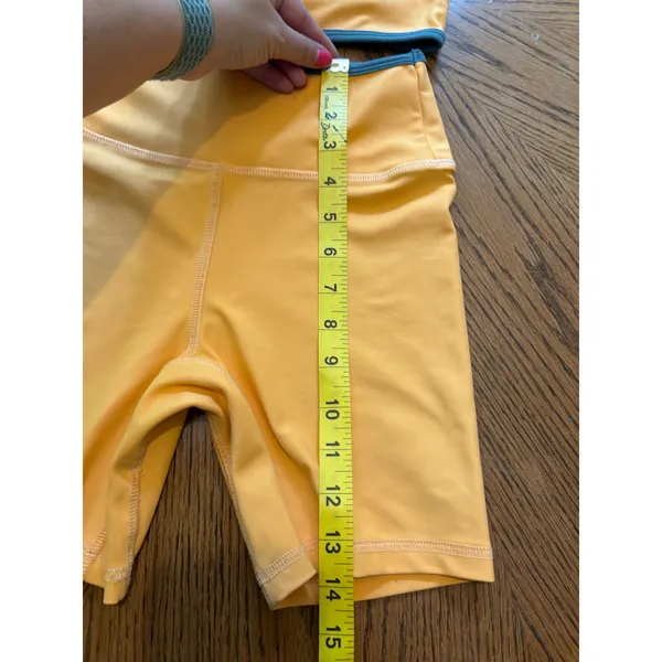 Five Dancewear Orange Blue Trim Crop Top Biker Shorts Set XXS Yoga Athletic - Image 3