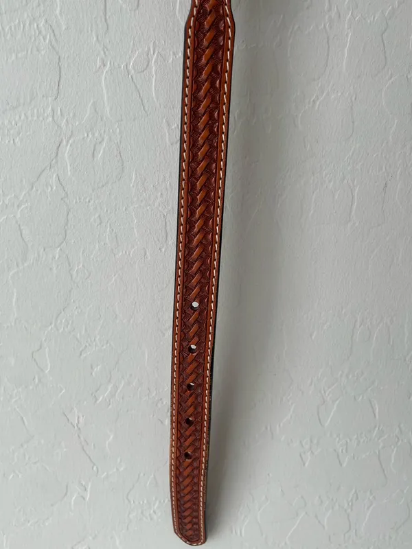 3D DDD Western Leather Tooled Cross Belt Size 36 Tan Brown White Silver - Image 3