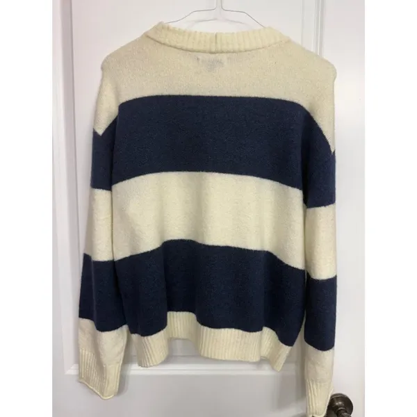 American Eagle Cream Navy Striped Oversized Crewneck Sweater L - Image 5