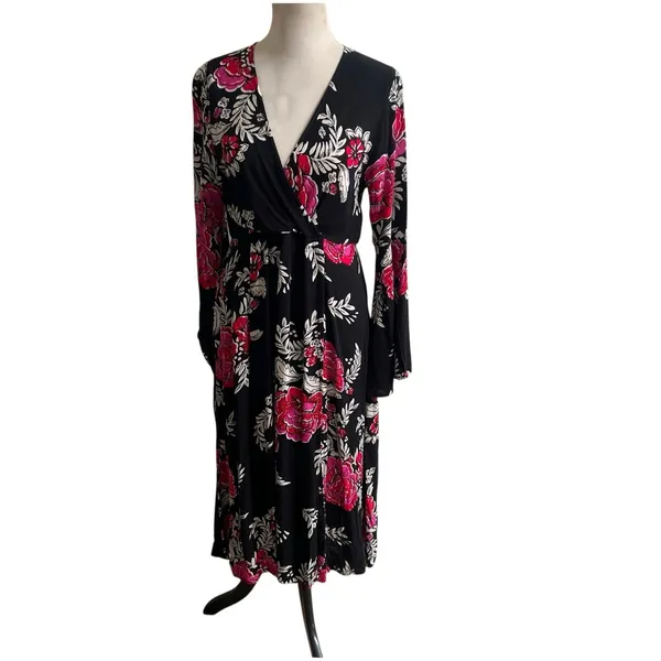 Billabong Women's Floral Whispers Wrap Dress Size Med Black Multi Bell Sleeves - Image 2