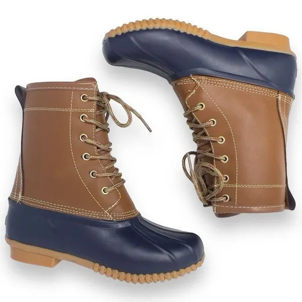 Khombu Letty Tan Leather Blue Rubber Lace Up Lined Winter Duck Boots Size 5M - Image 4