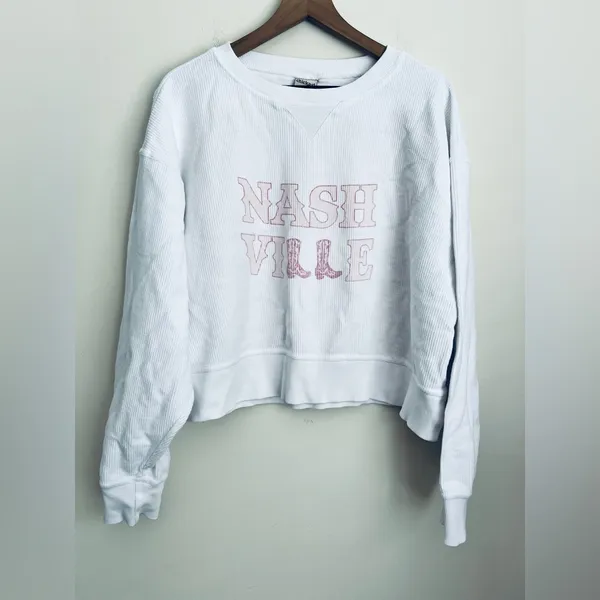 Chicka-d washed pink Nashville Boots White Cropped Corded Graphic Sweatshirt XL - Image 2