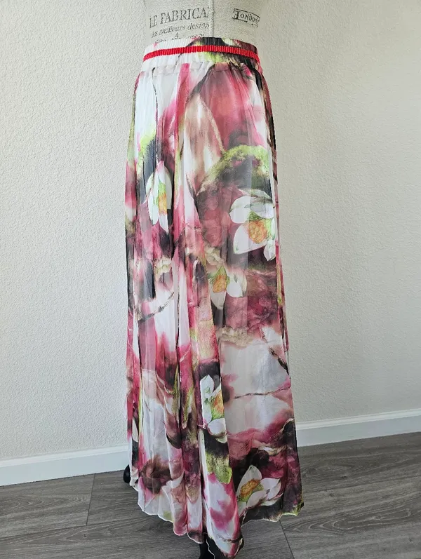 NWT Watercolor Floral Lotus Chiffon Maxi Skirt Size S Pink Green Sheer Layered - Image 4