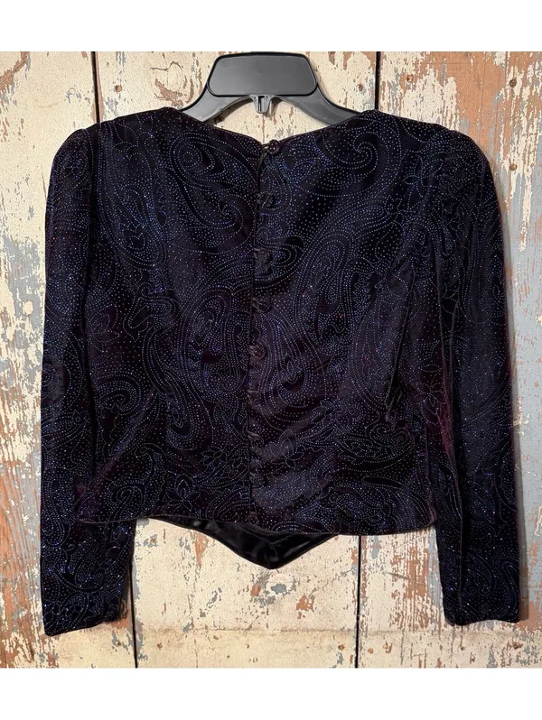 Vintage Warren Petites Black Velvet Evening Top Sparkly Paisley Pattern Small - Image 6