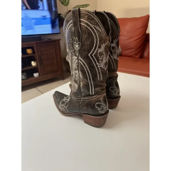 Pecos Bill Leather Cowgirl/cowboy Boots Sz 6 Women’s Distressed Drk‎ Brown White - Image 5
