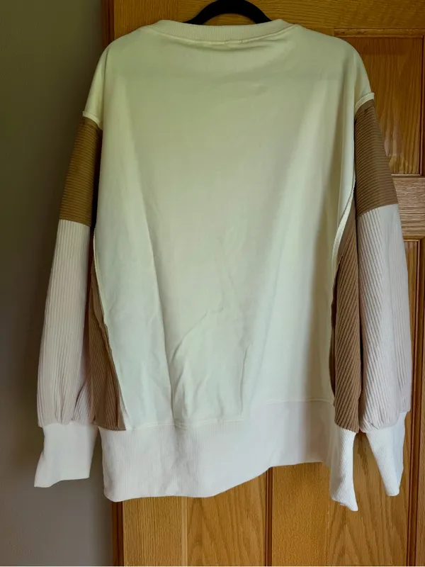 Oddi Neutral Colorblock Terry Knit Sweatshirt Corduroy Ribbed Panels Small - Image 4
