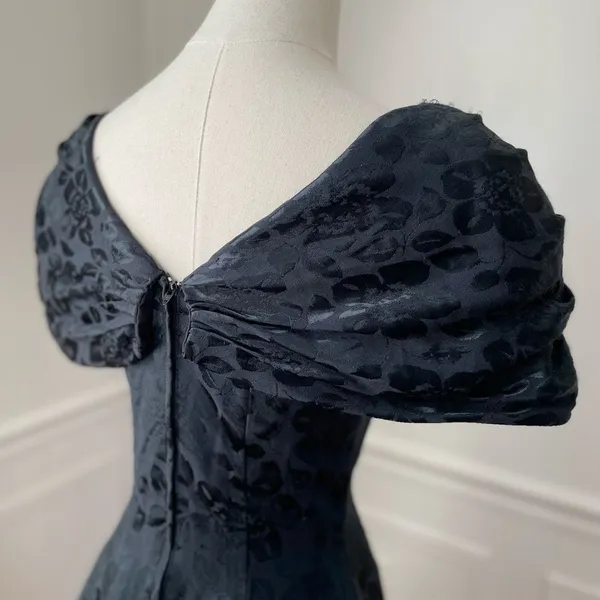 Vintage 80s 90s Off Shoulder Jacquard Short Dress Goth Black Green XS - Image 12