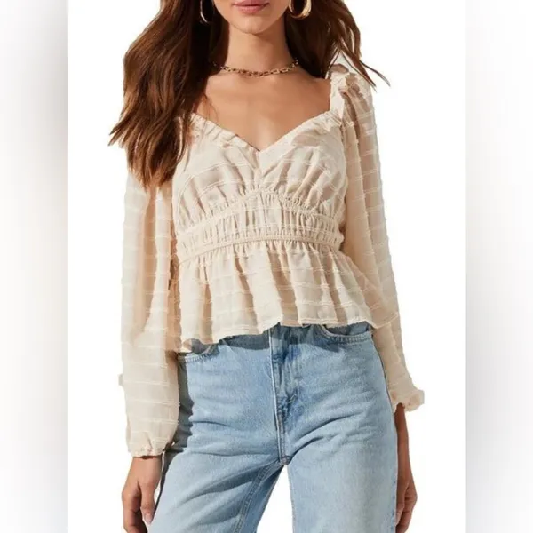 ASTR The Label Off The Shoulder Blouse Sz M Puff Sleeves Shimmer Peplum Top - Image 2