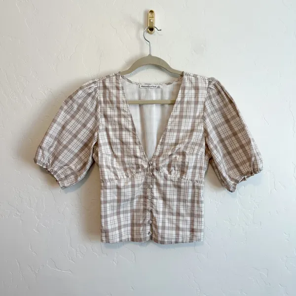Abercrombie | Plaid V-Neck Puff Sleeve Button Top - Image 2